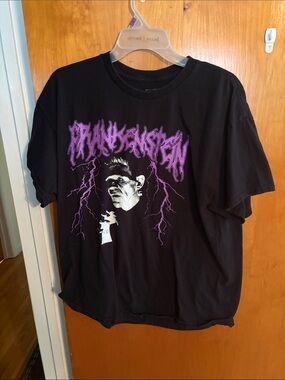 Black Frankenstein Graphic Tee with Purple Lightning Print